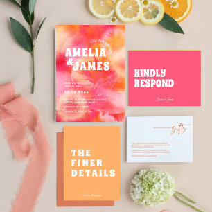Retro Funky Modern pink orange Wedding Invitation