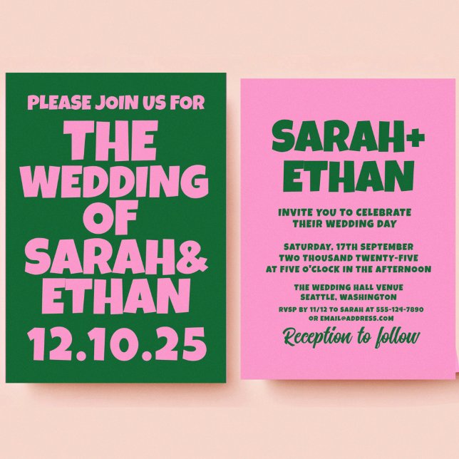 Retro Funky Pink Green  Wedding  Invitation (Creator Uploaded)