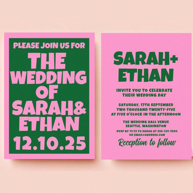 Retro Funky Pink Green  Wedding  Invitation (Creator Uploaded)