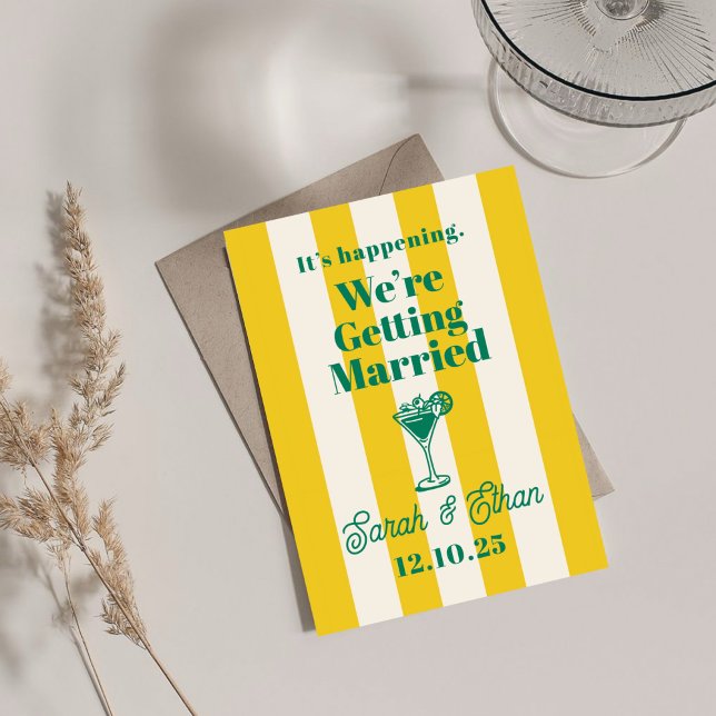 Retro Funky Striped Green Yellow Wedding Invitation (Creator Uploaded)