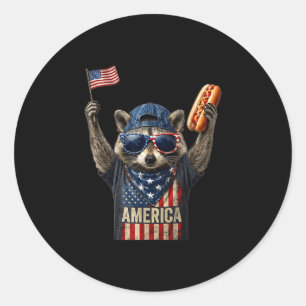 Retro funny america racoon hot dog lovers flag classic round sticker