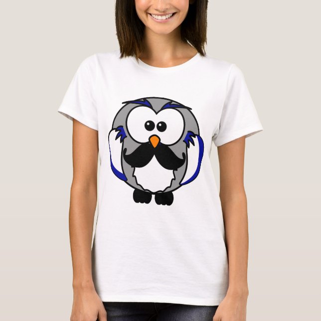 Retro Funny Black Handlebar Moustache Owl T-Shirt (Front)