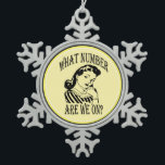 Retro Funny Bunco Player Snowflake Pewter Christmas Ornament<br><div class="desc">This funny Bunco ornament is sure to be a hit at your next Bunco game or Bunco gift exchange. Wonderful retro style Bunco player is asking herself "What Number Are We On?" How many time during a Bunco game do you have to ask this exact same question? Spread some laughter...</div>