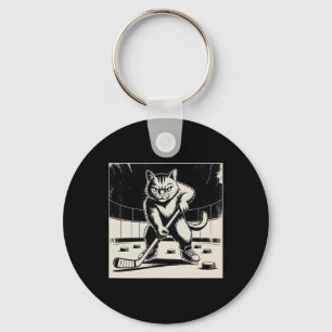 Retro Funny Cat Playing Ice Hockey Stick Skating S Key Ring