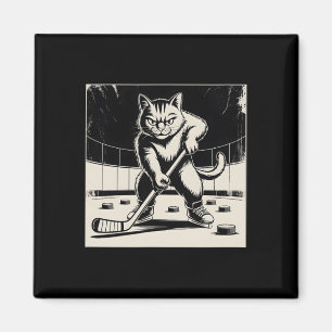 Retro Funny Cat Playing Ice Hockey Stick Skating S Magnet