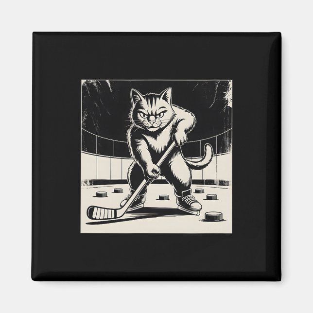 Retro Funny Cat Playing Ice Hockey Stick Skating S Magnet (Front)