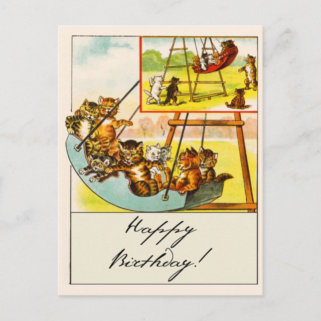 Retro Funny Cats Playing on Swing Happy Birthday! Postcard (Front)