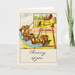 Retro Funny Cats Playing on Swing Thinking of You Card