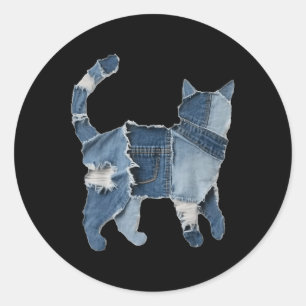 Retro Funny Denim Patch Animal Cat Print Classic Round Sticker