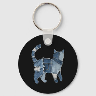 Retro Funny Denim Patch Animal Cat Print  Key Ring