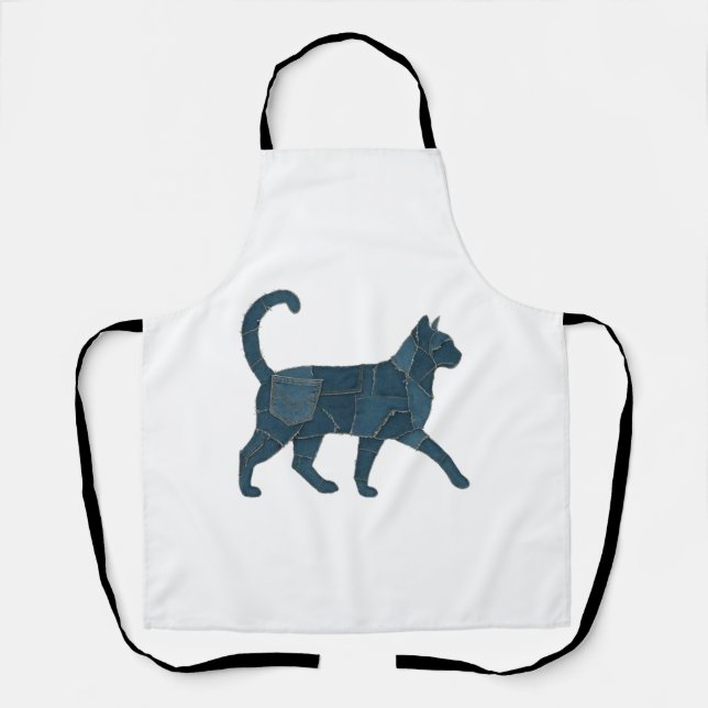 Retro Funny Denim Patch Animal Cat T-Shirt Apron (Front)