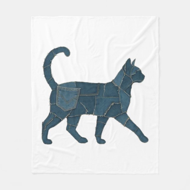 Retro Funny Denim Patch Animal Cat T-Shirt Fleece Blanket (Front)