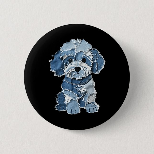 Retro Funny Denim Patch Animal Dog Print  6 Cm Round Badge (Front)