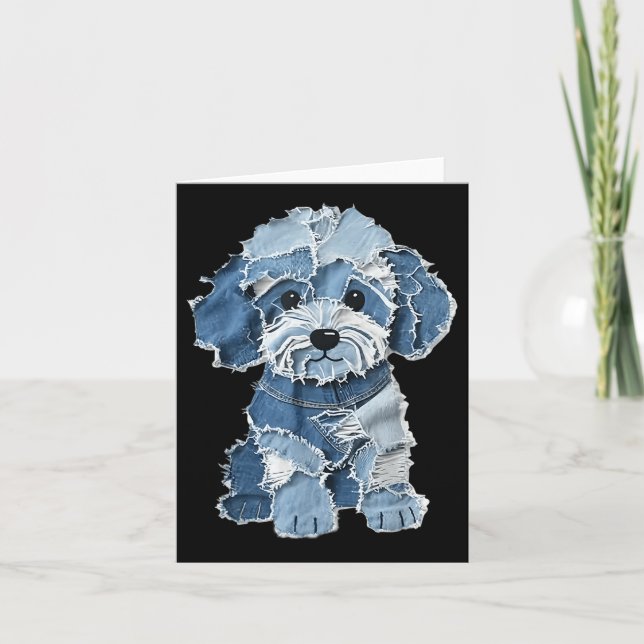 Retro Funny Denim Patch Animal Dog Print  Card (Front)
