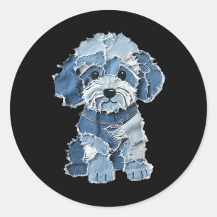 Retro Funny Denim Patch Animal Dog Print  Classic Round Sticker