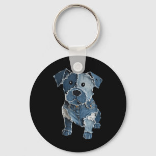 Retro Funny Denim Patch Animal Dog Print For Men W Key Ring