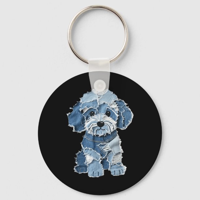 Retro Funny Denim Patch Animal Dog Print  Key Ring (Front)