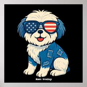 Retro Funny Denim Patch Cute Pet Dog Design  Poster