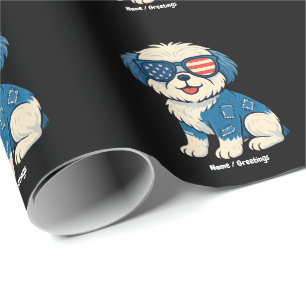Retro Funny Denim Patch Cute Pet Dog Design Wrapping Paper