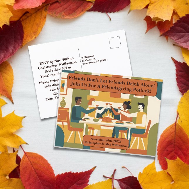 Retro Funny Friendsgiving Potluck Clinking Glasses Holiday Postcard (Creator Uploaded)