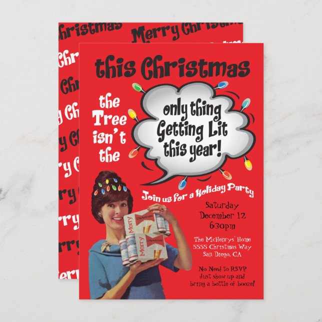 Retro Funny Getting Lit Christmas Cocktail Party Invitation (Front/Back)