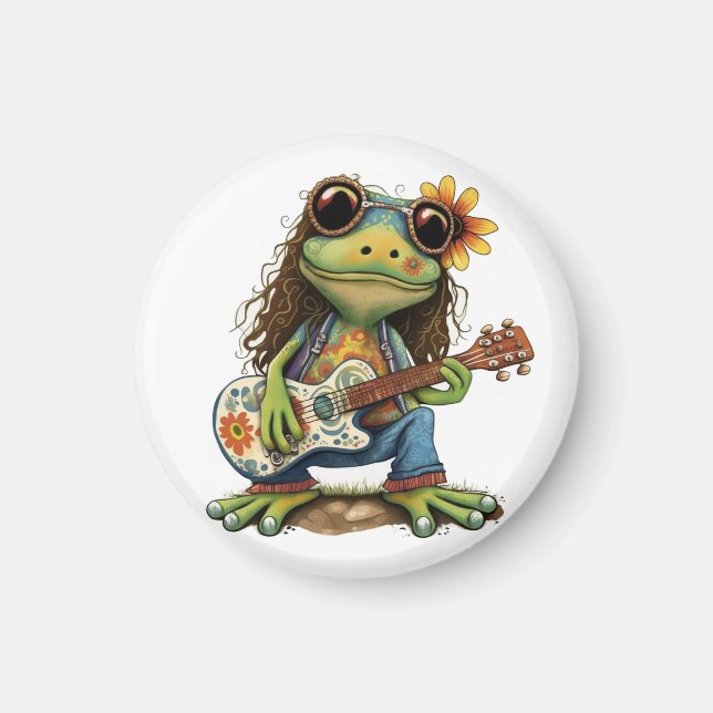 Retro Funny Hippie Frog Wear Glass Play Piano On  Magnet (Front)