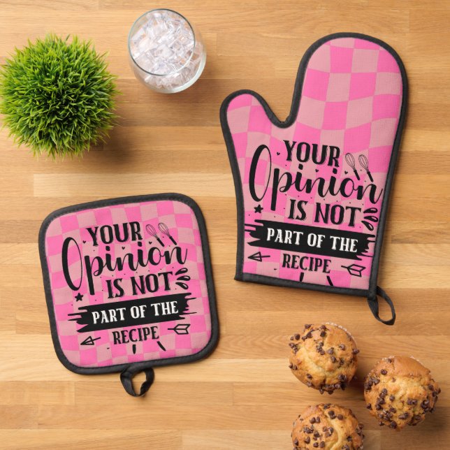 Retro Funny Kitchen Saying Pink Oven Mitt & Pot Holder Set (Top Down)
