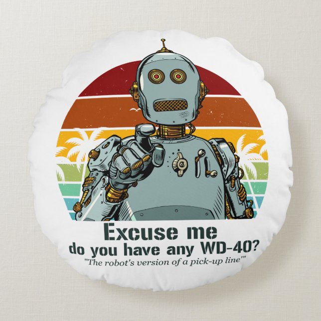 Retro funny robot needs oiling round cushion (Front)