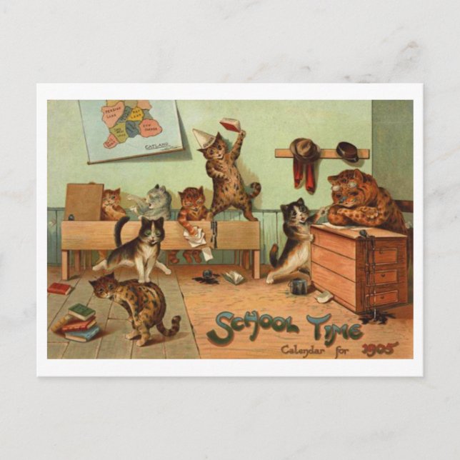 Retro Funny School Time Anthropomorphic Cats  Postcard (Front)