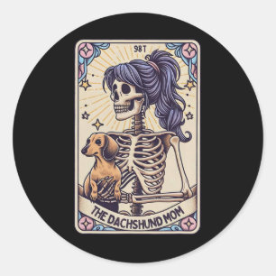 Retro Funny The Dachshund Mum Tarot Card Skeleton  Classic Round Sticker