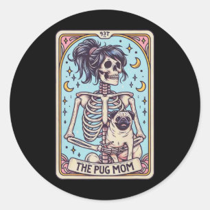 Retro Funny The Pug Dog Mum Tarot Card Skeleton Ha Classic Round Sticker