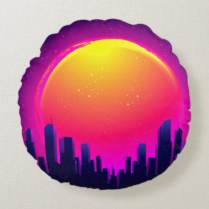 Retro Futurism. futuristic synth wave illustration Round Cushion