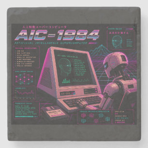 Retro Futuristic AI Robot Computer Vaporwave Neon Stone Coaster