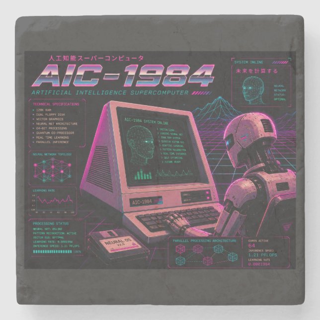 Retro Futuristic AI Robot Computer Vaporwave Neon Stone Coaster (Front)