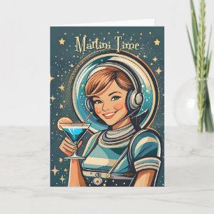Retro Futuristic Astro Girl Martini Time Card