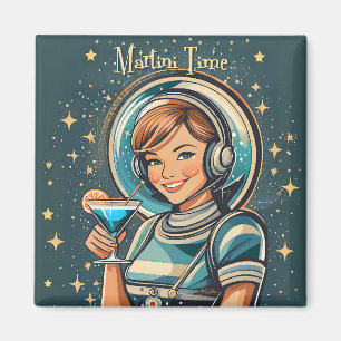 Retro Futuristic Astro Girl Martini Time Magnet
