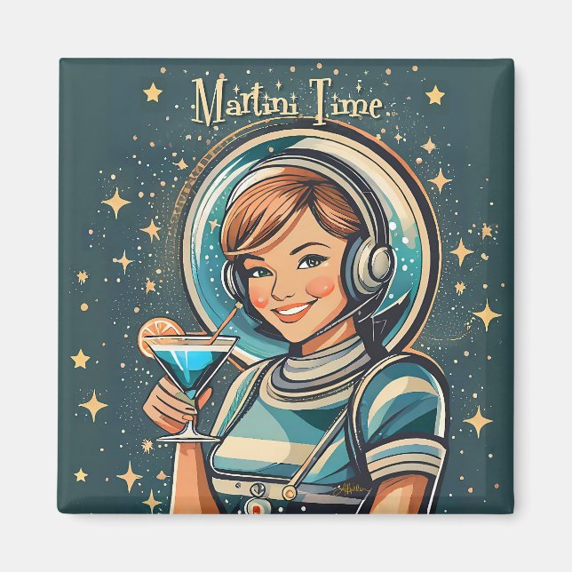 Retro Futuristic Astro Girl Martini Time Magnet (Front)