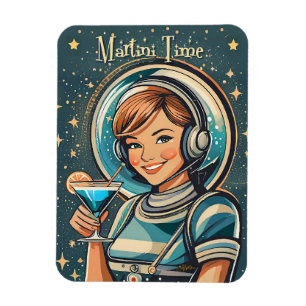 Retro Futuristic Astro Girl Martini Time Magnet