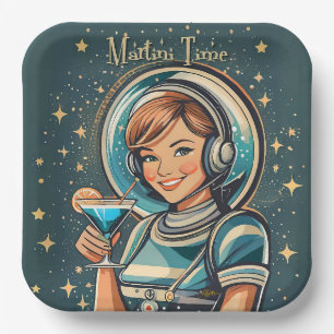 Retro Futuristic Astro Girl Martini Time Paper Plate