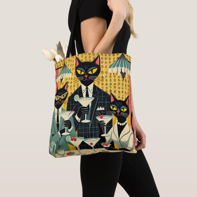 Retro Futuristic Black Cat Martini Club Tote Bag (Close Up)