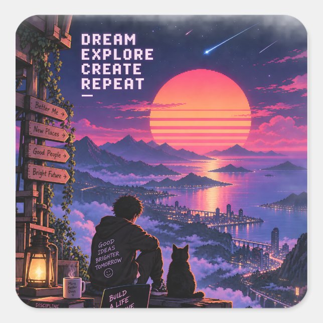 Retro Futuristic Dreamer Sunset Adventure Square Sticker (Front)