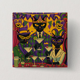 Retro Futuristic Mardi Gras Black Cat Martini Club 15 Cm Square Badge