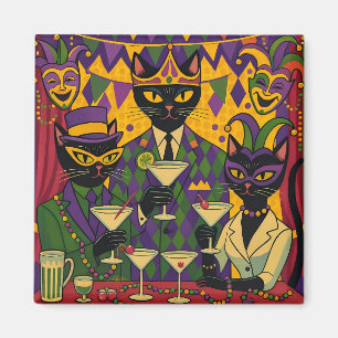 Retro Futuristic Mardi Gras Black Cat Martini Club Magnet