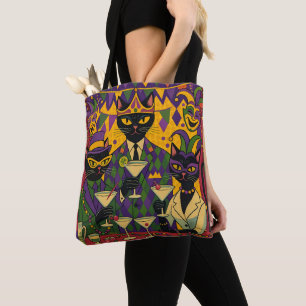 Retro Futuristic Mardi Gras Black Cat Martini Club Tote Bag