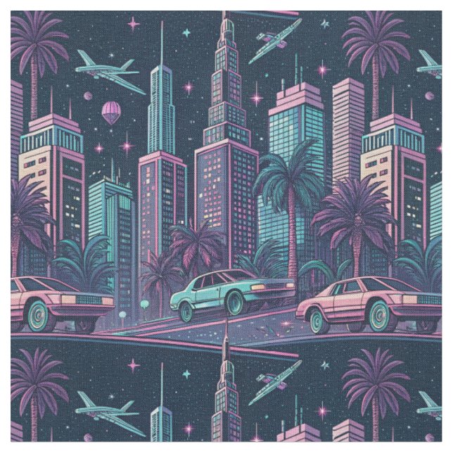 Retro Futuristic Neon Synthwave Cyber City Pattern Fabric (Close Up)