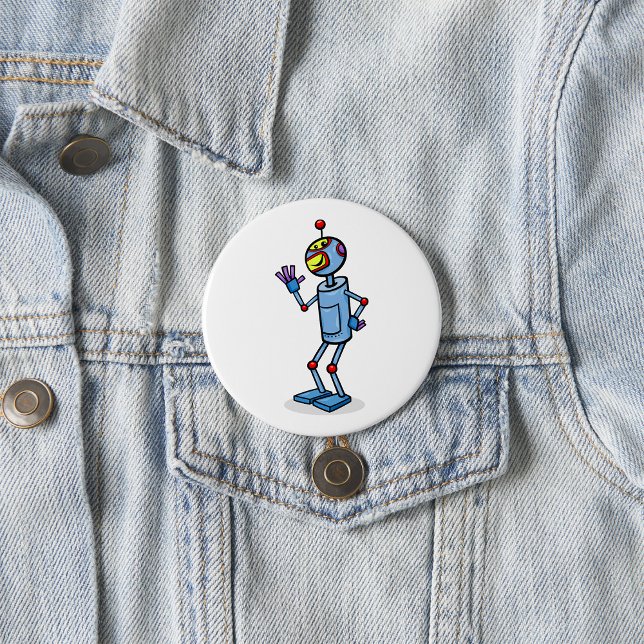 Retro Futuristic Robot Character Waving 7.5 Cm Round Badge (Creator Uploaded)