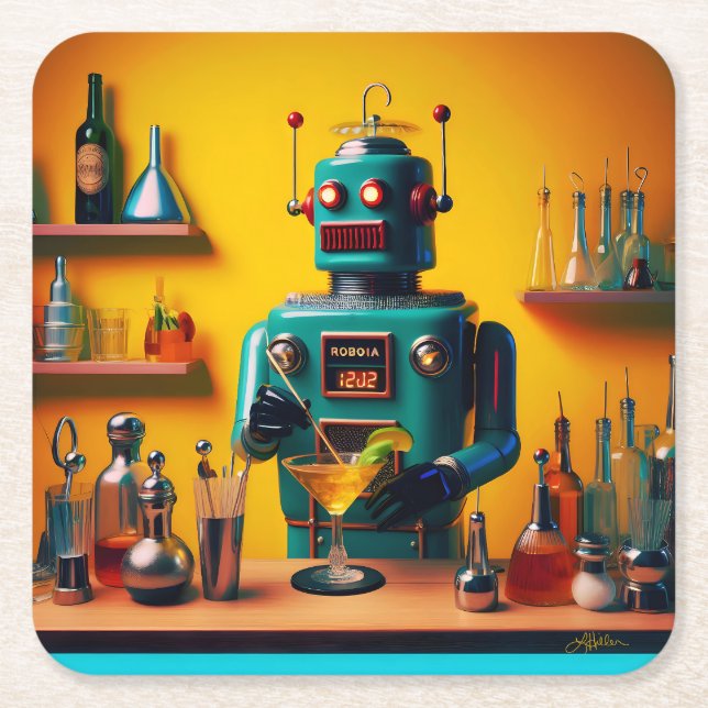 Retro Futuristic Robot ROBIA 12J2 Mixologist Square Paper Coaster (Front)