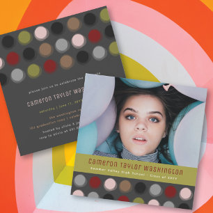 Retro Fuzzy Colourful Dots Photo Graduation Party Invitation
