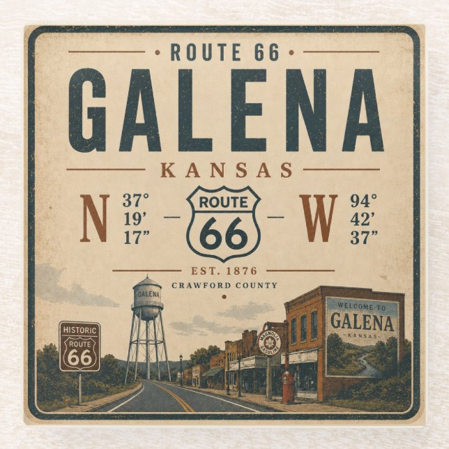 Retro Galena Route 66 Barware Glass Coaster (Front)