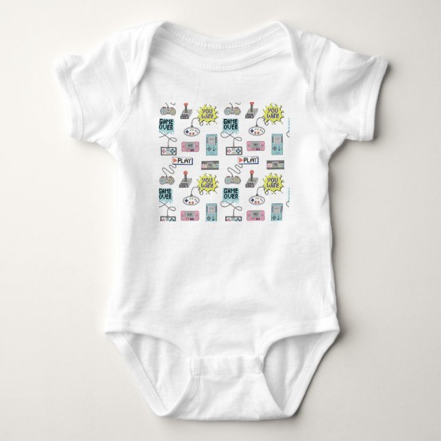 Retro Game Controllers: Colourful Seamless Pattern Baby Bodysuit (Front)